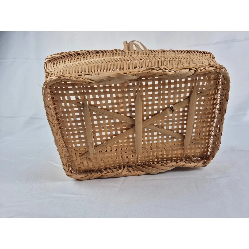 Vintage Woven Wicker Gathering Basket Rectangular Bamboo Rattan Garden Handle